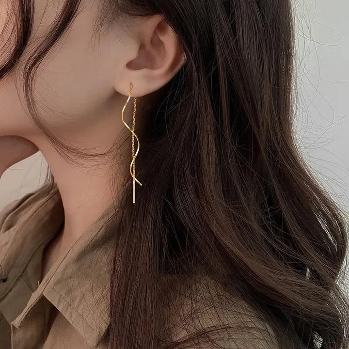 Stunning silver wave threader earrings, perfect modern elegant jewelry for women.