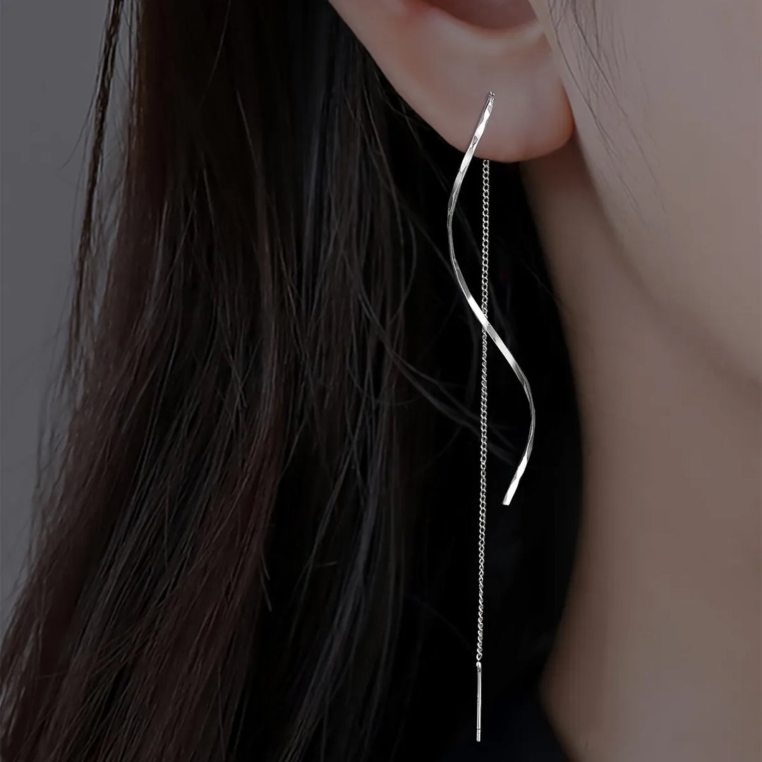 Stylish silver wave threader earrings, perfect modern women's jewelry.