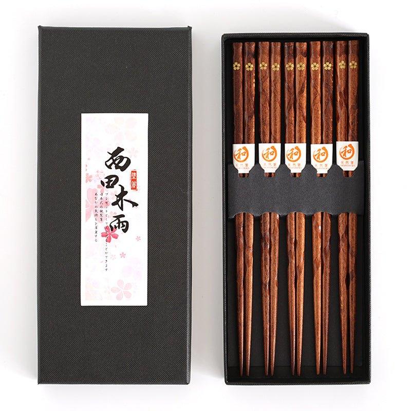 Premium 5 pairs wood chopsticks adorned with intricate golden cherry blossom, essential Japanese dining accessories.