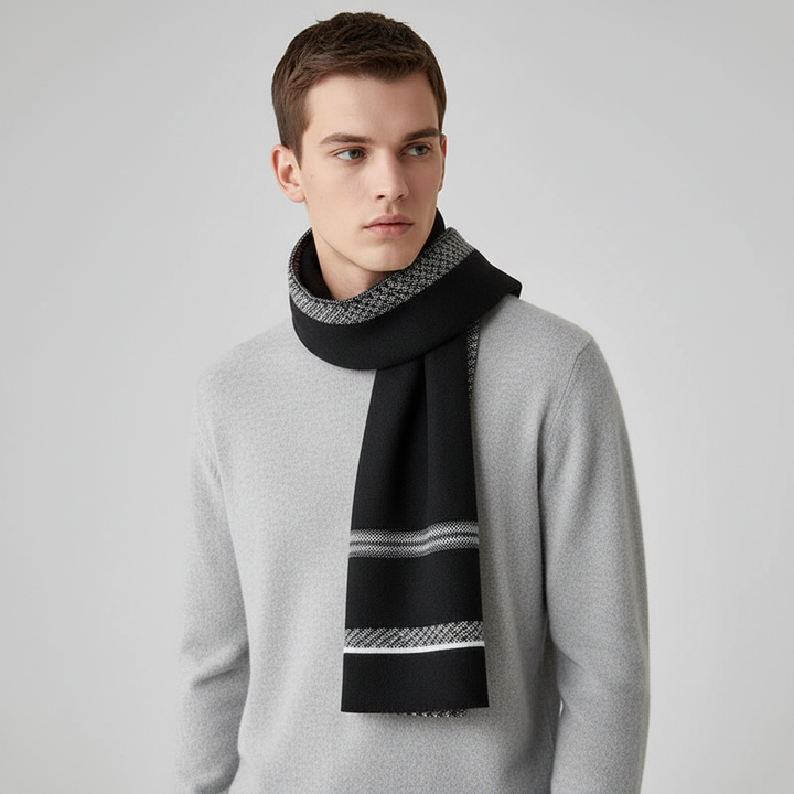 Gift-ready men's cashmere winter scarf, presented neatly as a thoughtful and warm fashion accessory.