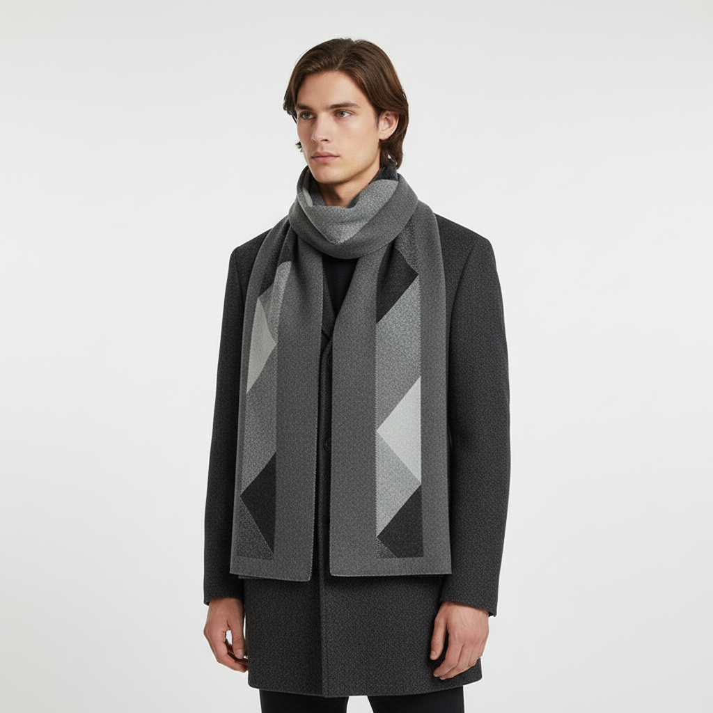 Unrolled men's cashmere scarf on a wooden surface, highlighting its exceptional softness and elegant appeal.