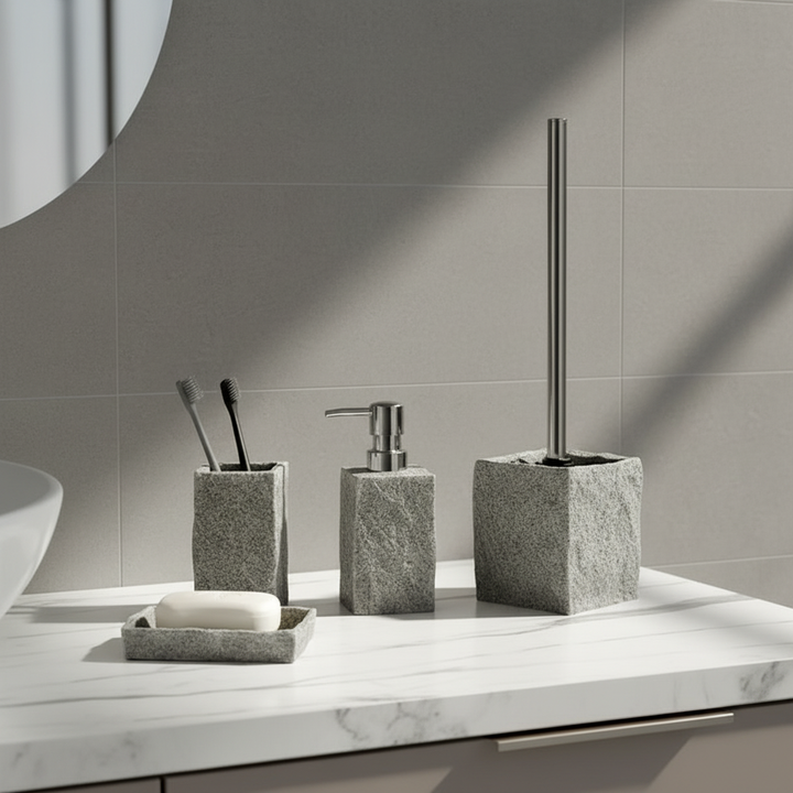 Elegant gray stone look 4-piece bathroom accessory set for modern home decor