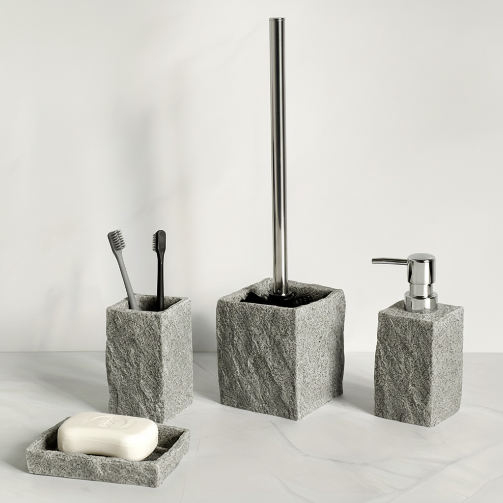 Stylish resin stone look bathroom set, 4 pieces, including soap dispenser and tumbler