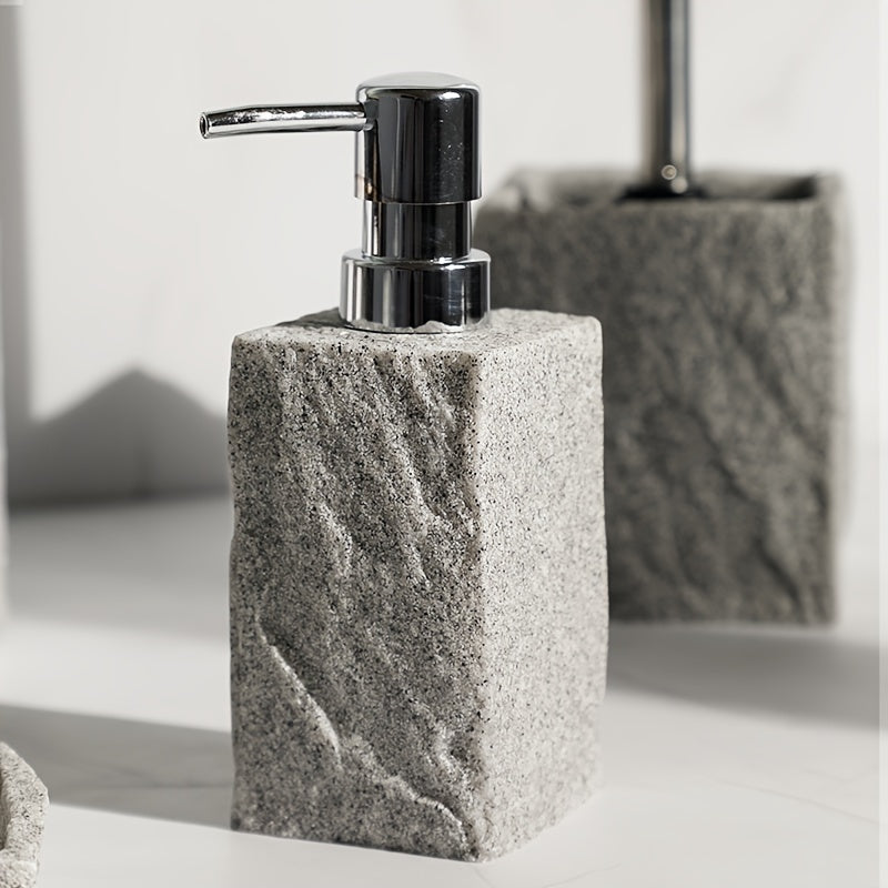Gray stone look bathroom accessory set: soap dispenser, toothbrush holder, tumblers