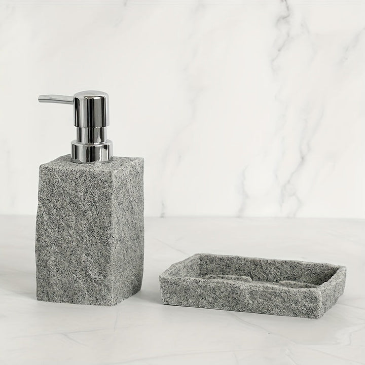 Durable resin stone look bathroom accessory collection, 4 pieces in sleek gray