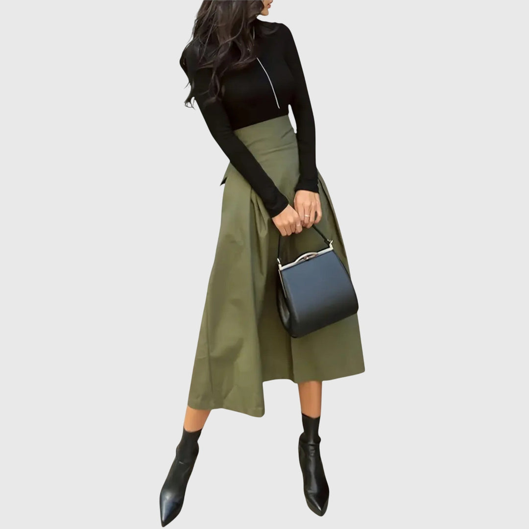 Elegant green A-line midi skirt for women. Versatile style, perfect for chic office wear or sophisticated casual outfits.