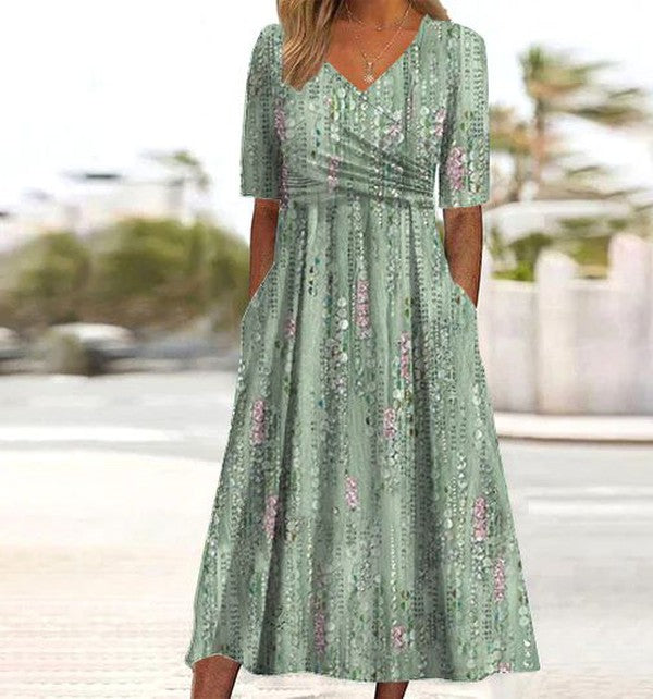 Elegant green floral A-line midi dress for women, perfect for summer parties, spring casual wear, or versatile style.
