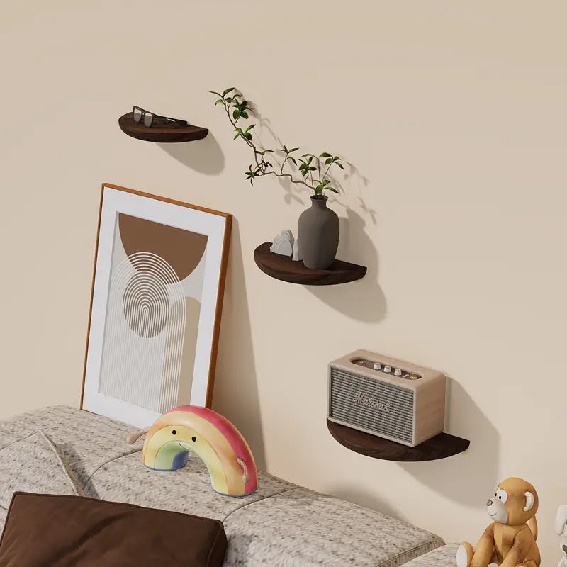 Minimalist half-round floating wall shelf, perfect for displaying small decor items or plants.