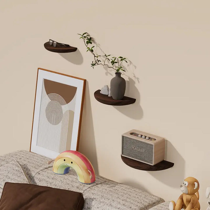 Minimalist half-round floating wall shelf, perfect for displaying small decor items or plants.
