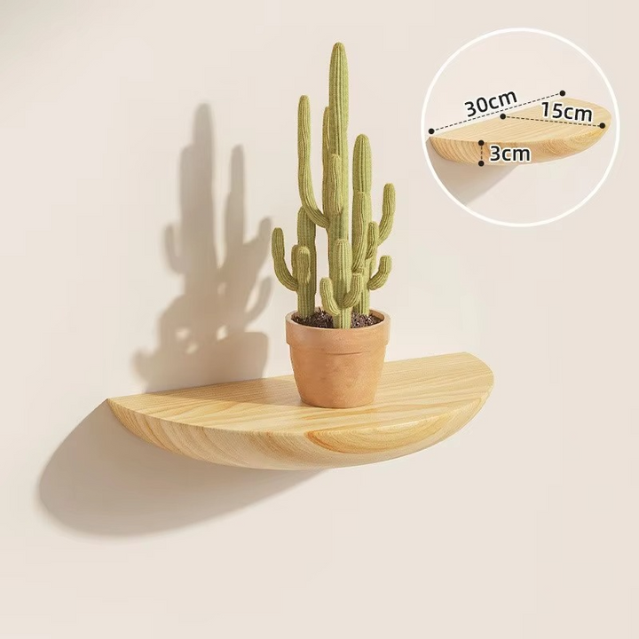 Stylish wooden half-round floating shelf provides chic wall storage for bathrooms or entryways.