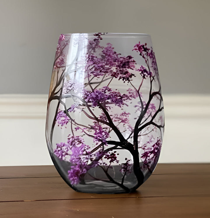 Stunning hand painted Four Seasons Tree wine glasses, perfect elegant home decor gift.