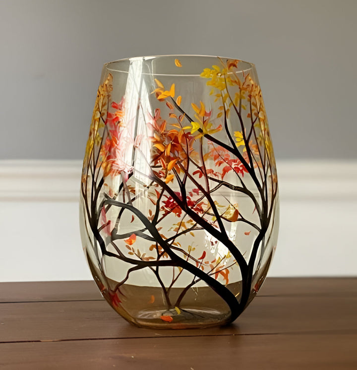 Unique hand painted Four Seasons Tree motif on stemless wine glasses, decorative art glass.