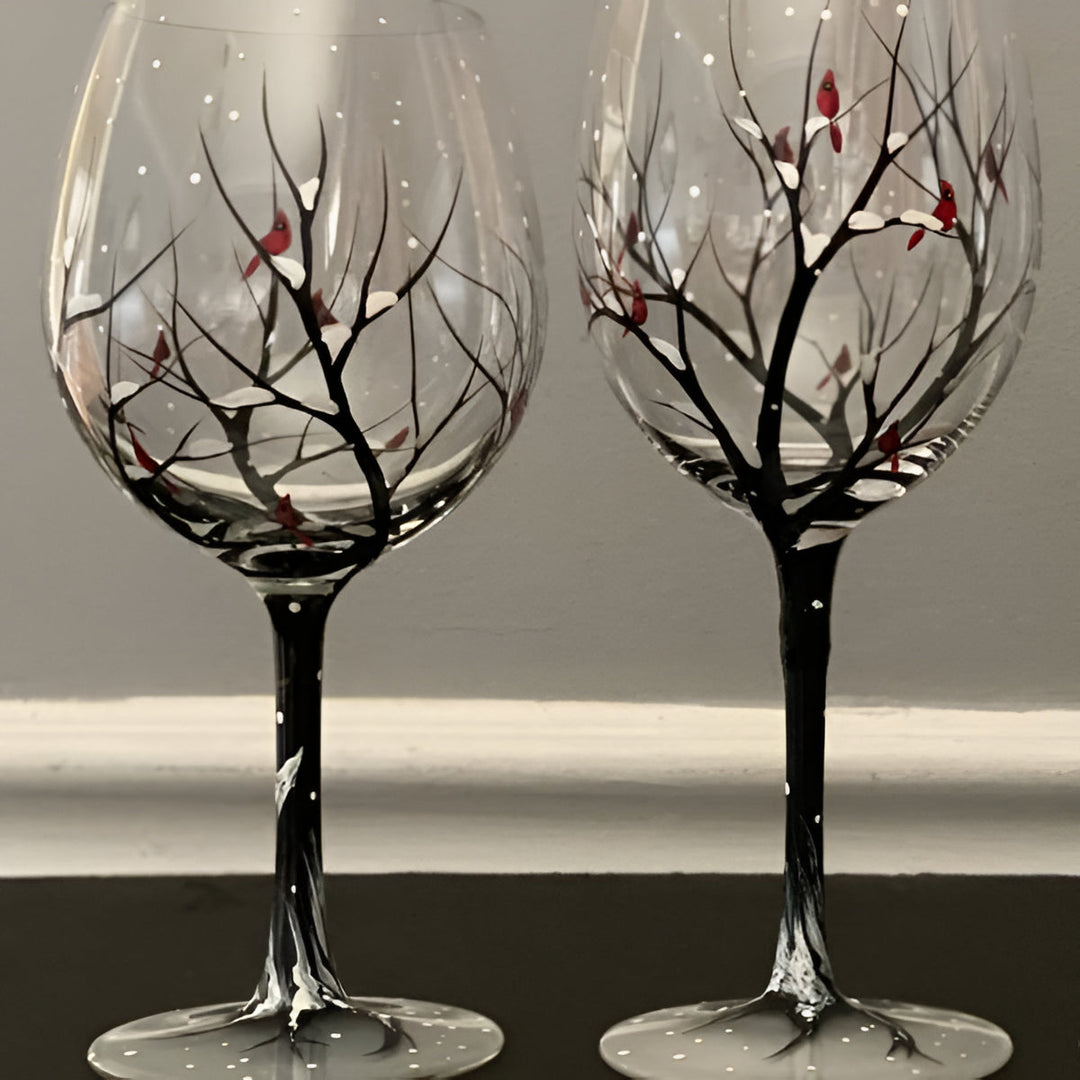 Vibrant hand painted Four Seasons Tree art glass wine glasses, elegant barware.