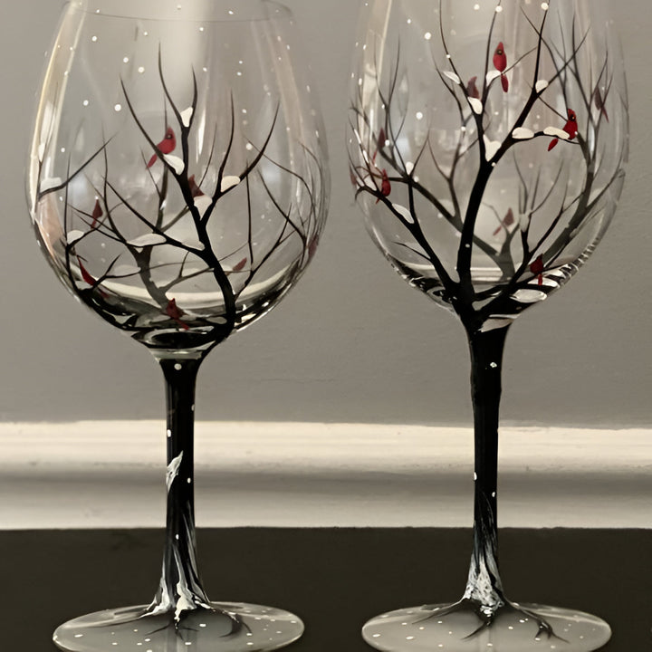 Vibrant hand painted Four Seasons Tree art glass wine glasses, elegant barware.