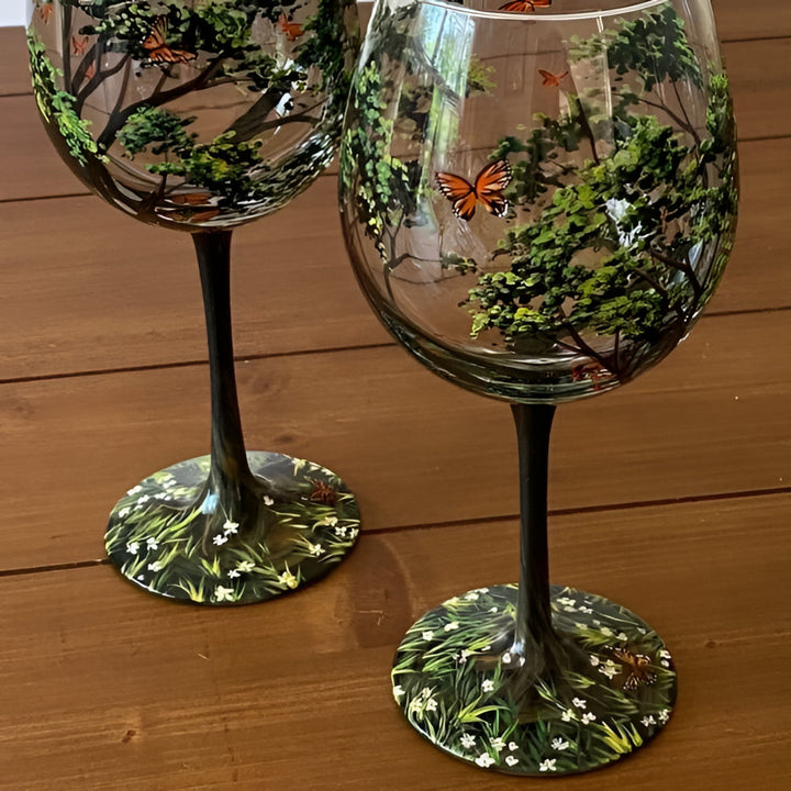 Decorative hand painted Four Seasons Tree design on wine glasses, ideal unique gift.