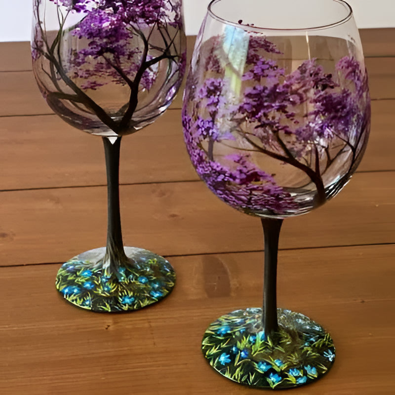 Premium hand painted Four Seasons Tree wine glasses, elegant art glass for seasonal decor.