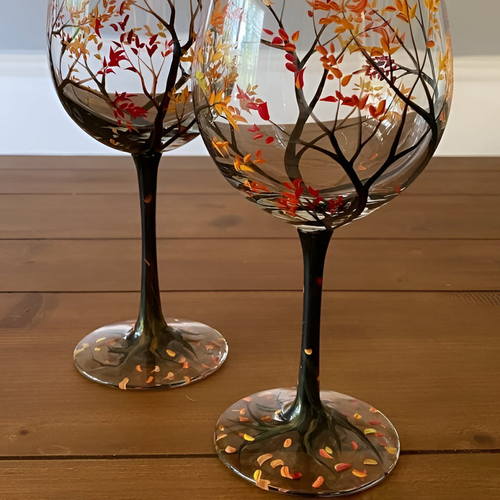 Exquisite Four Seasons Tree hand painted art on stemmed wine glasses, unique drinkware.