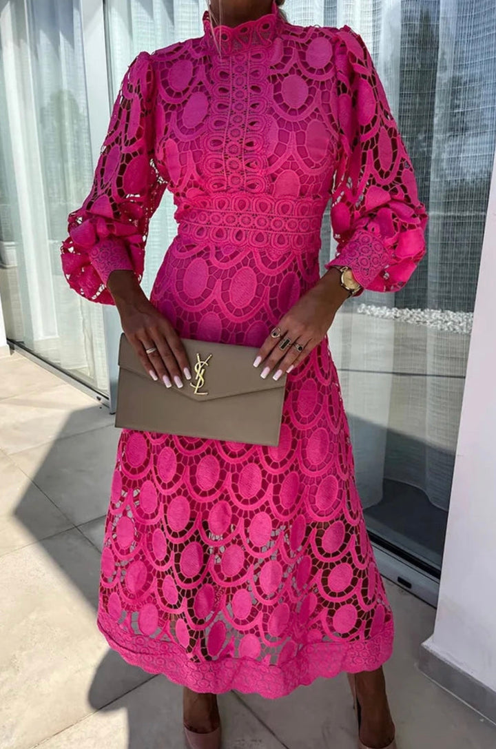Elegant high-neck midi wedding guest dress for women. Perfect for special occasions & formal events.