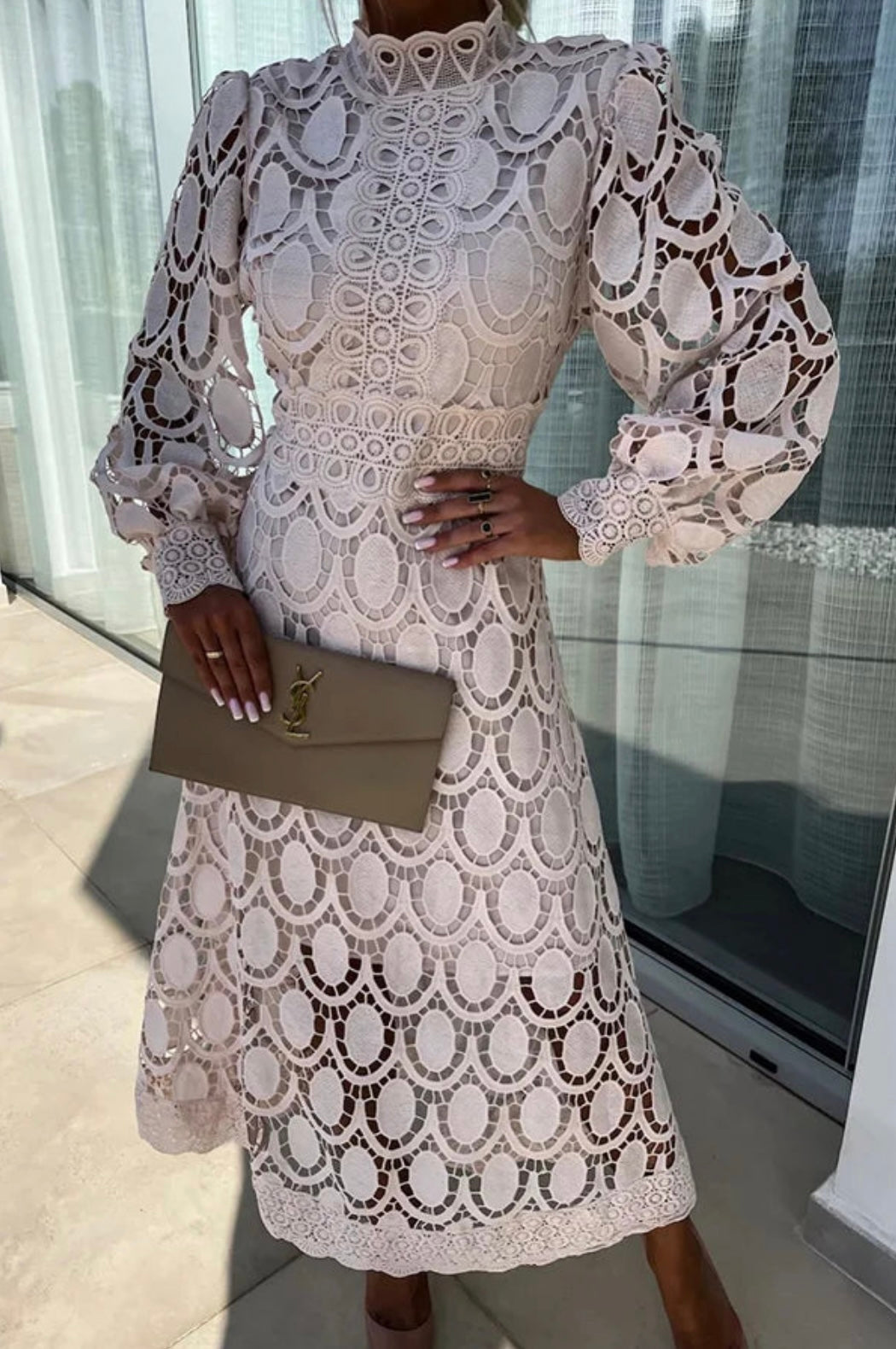 Women's A-line midi wedding guest dress with high neck & long sleeves. Stylish for formal parties.
