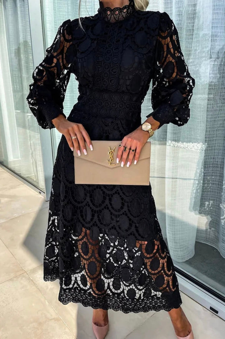 Sophisticated high-neck midi wedding guest dress. Ideal for cocktail parties, evening events & formals.