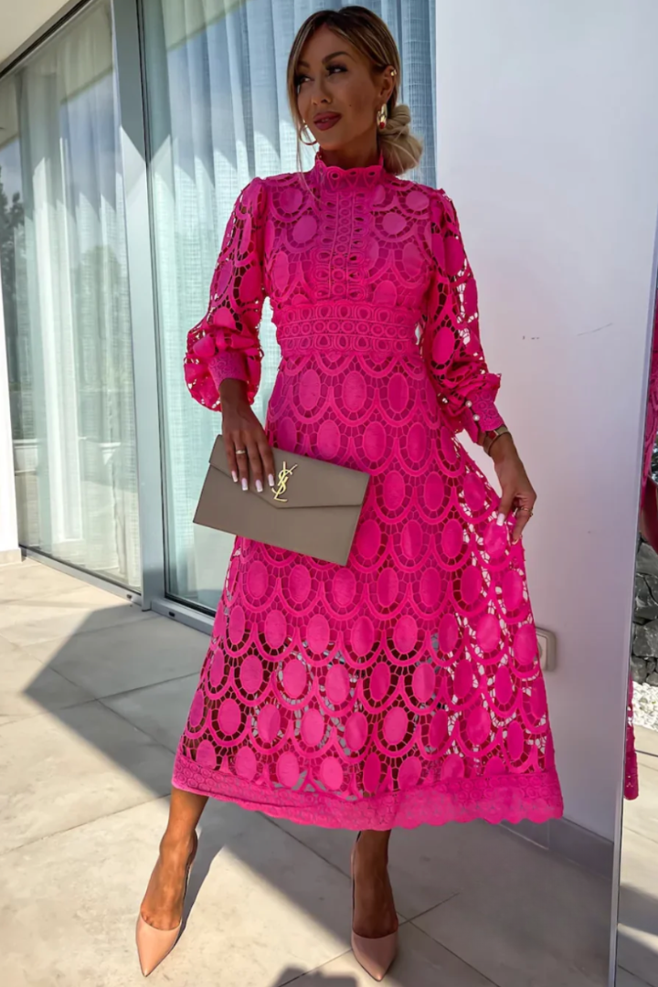 Stylish women's high-neck midi wedding guest dress. Versatile for special occasions, formal & evening wear.