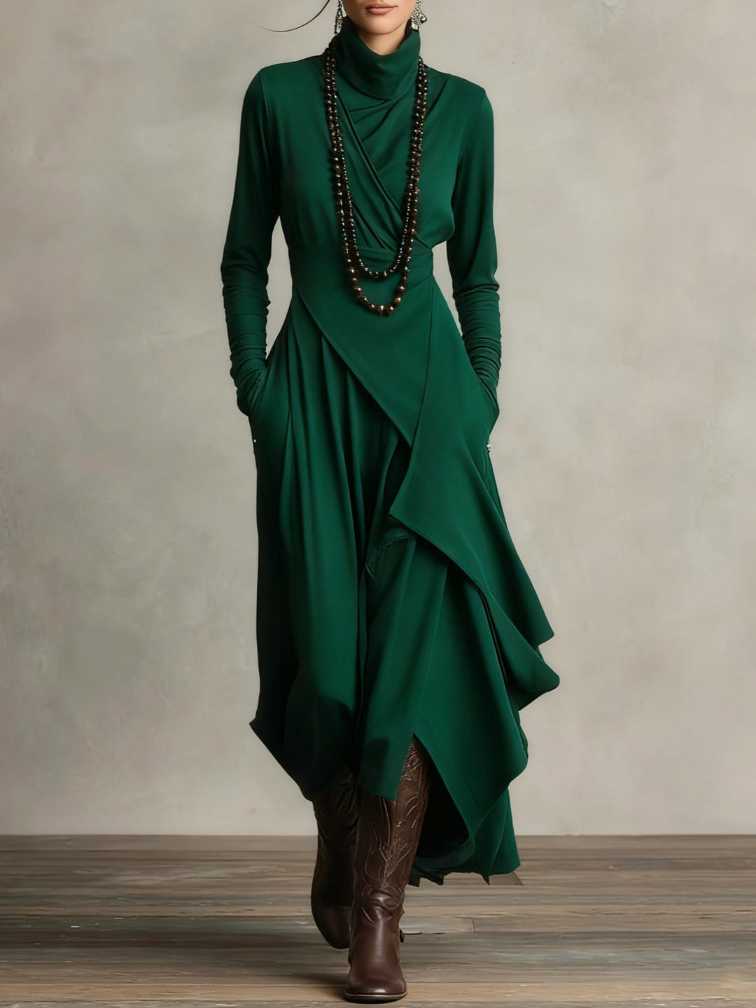 Women's refined high-neck Vivian maxi dress, long-sleeve and flowing, perfect for elegant formal evening wear.