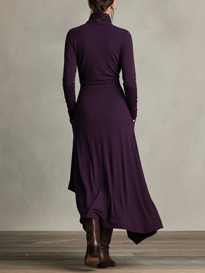 Lilac elegant high-neck Vivian maxi dress, women's flowing long-sleeve style for formal occasions.