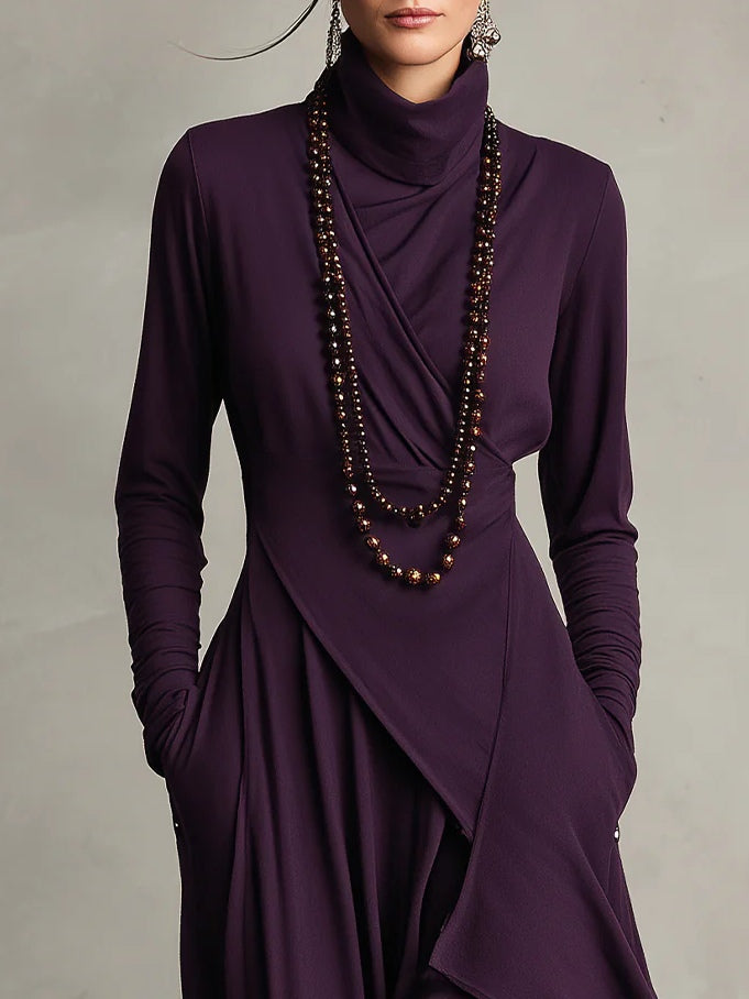 Brown elegant high-neck Vivian maxi dress, women's versatile long-sleeve, flowing for formal events.