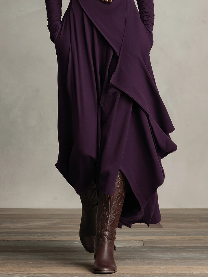 Navy formal high-neck Vivian maxi dress, women's long-sleeve evening wear, sophisticated and flowing.