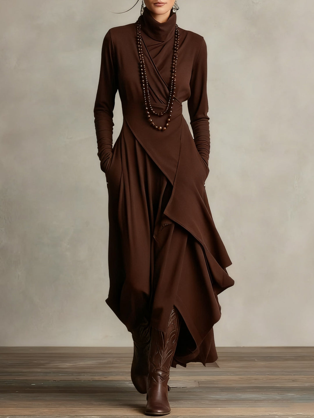 Timeless elegant high-neck Vivian maxi dress, women's flowing long-sleeve for a sophisticated look.