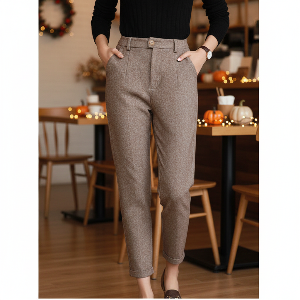 Elegant high-waist khaki wool harem pants for women, comfortable winter fashion