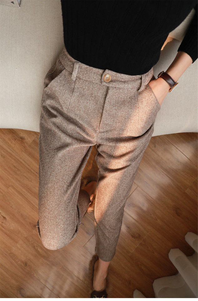 Full shot of women's elegant high-waist khaki wool harem pants, perfect for autumn casual