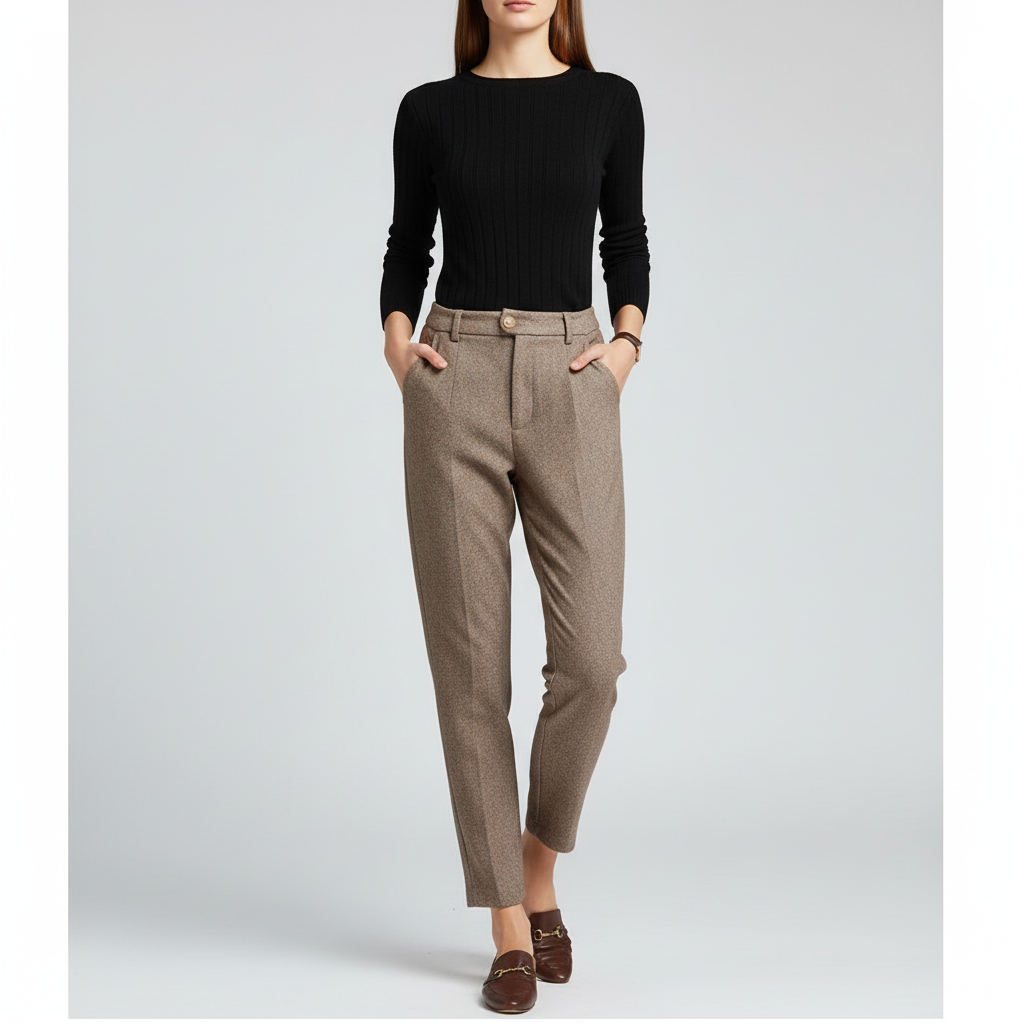 Detail of the high waist on women's khaki wool harem pants, emphasizing elegant comfort