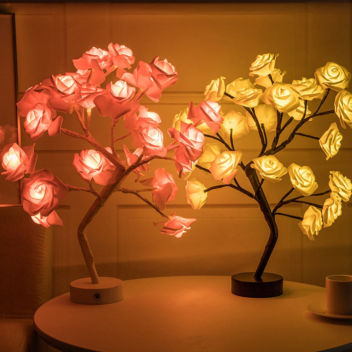 Elegant illuminated rose tree lamp, 24-inch, with soft LED glow, perfect for bedroom ambient lighting.