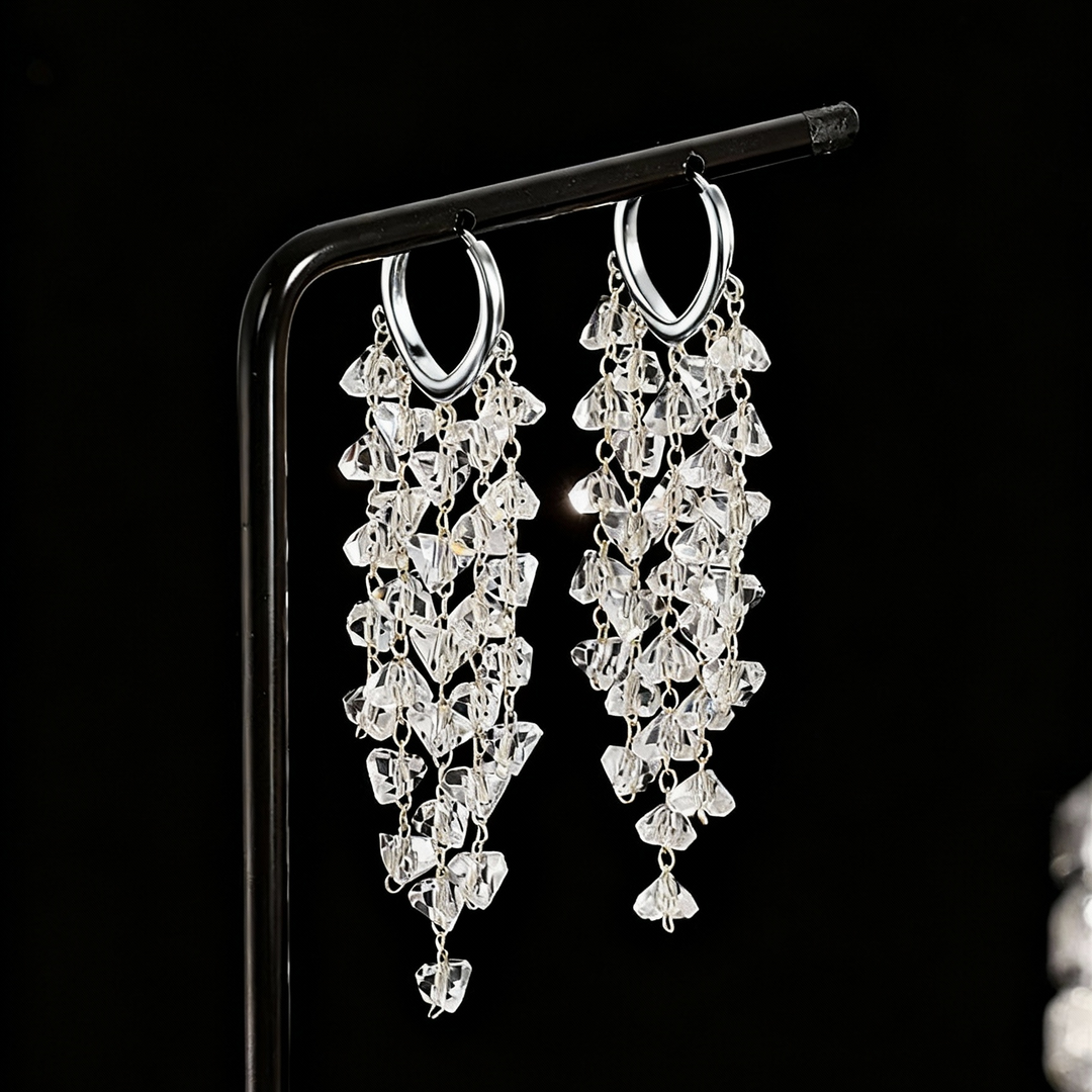 Stylish irregular crystal tassel dangle earrings, perfect elegant party accessory for glamorous women's fashion.