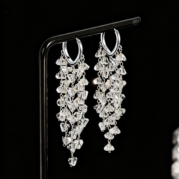Stylish irregular crystal tassel dangle earrings, perfect elegant party accessory for glamorous women's fashion.