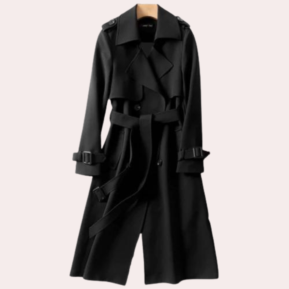 Elegant khaki women's tailored long coat with double buttons, perfect fall fashion outerwear.
