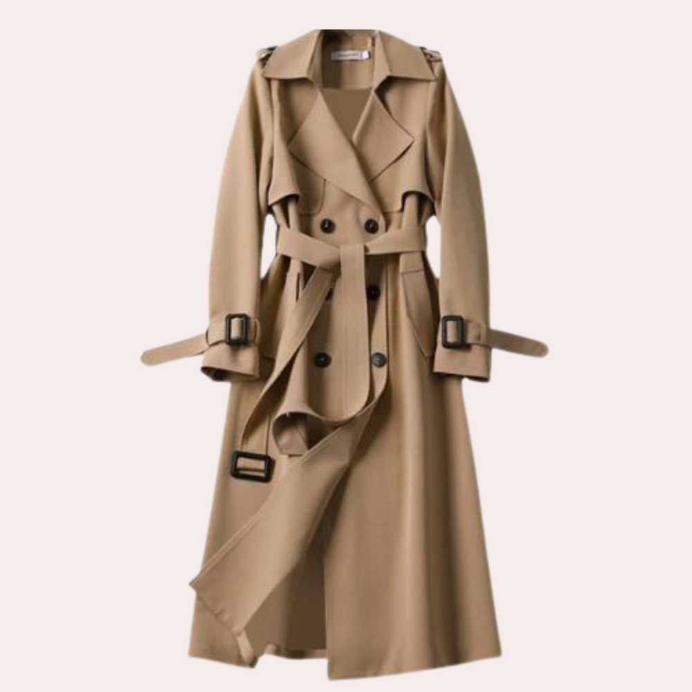 Beige women's long tailored coat, double button style. An elegant piece for casual or formal fall fashion.