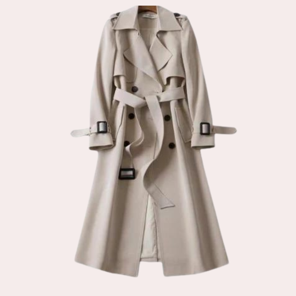 Stylish women's long tailored double button coat, ideal fall fashion outerwear for any occasion.