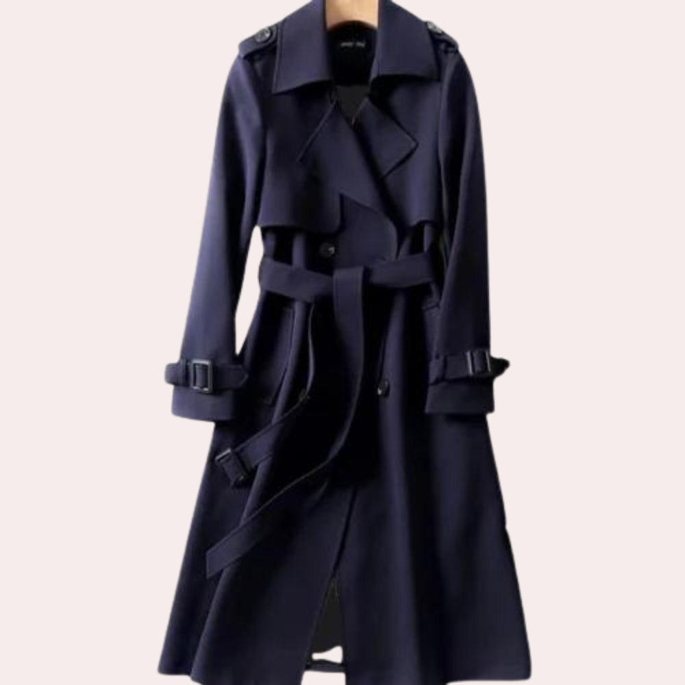 Formal yet casual women's tailored long coat with double buttons, available in multiple elegant colors.
