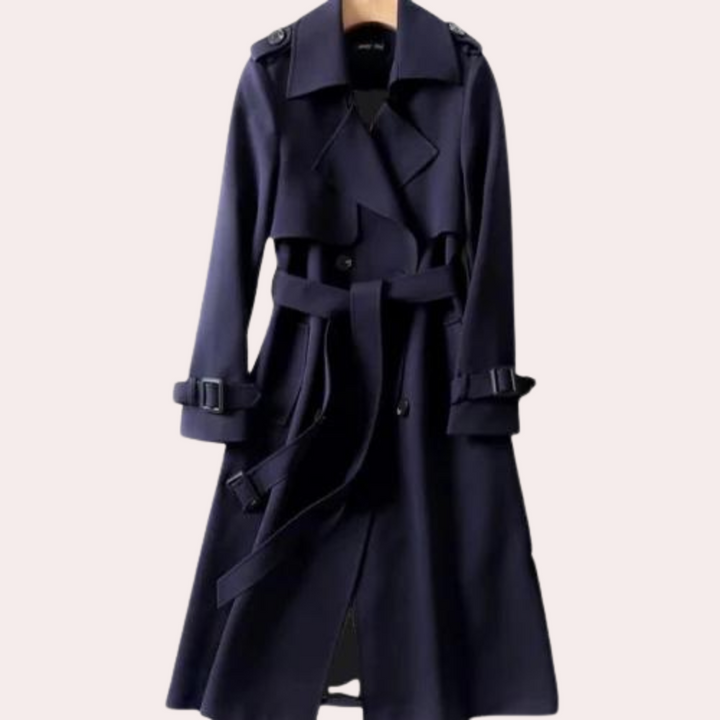 Formal yet casual women's tailored long coat with double buttons, available in multiple elegant colors.