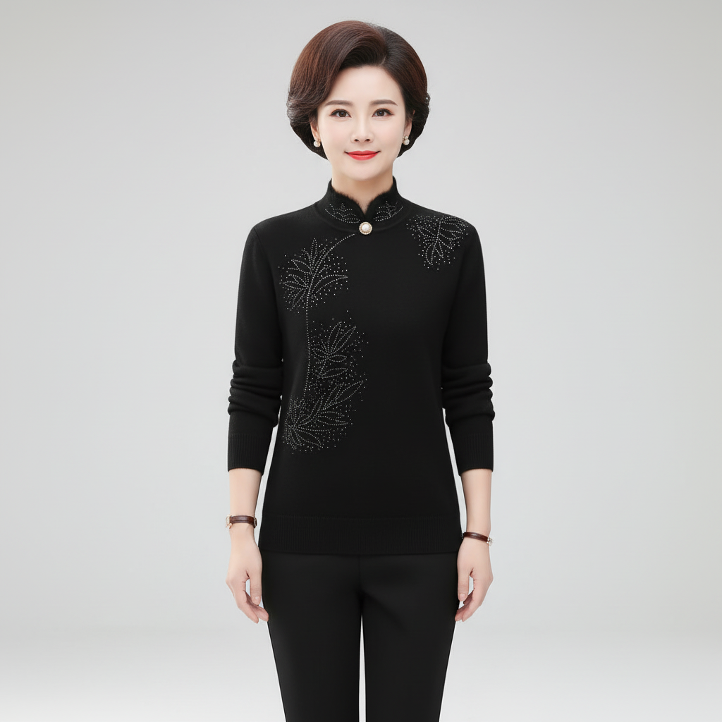 Women's high collar knitted sweater, autumnal floral design, luxurious wool blend, perfect for winter fashion.