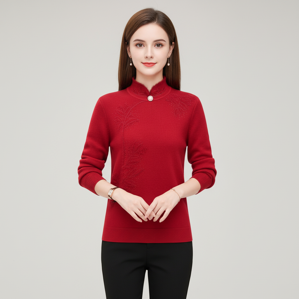 Full shot of women's long-sleeve knitted high collar sweater, elegant floral pattern, essential winter fashion.