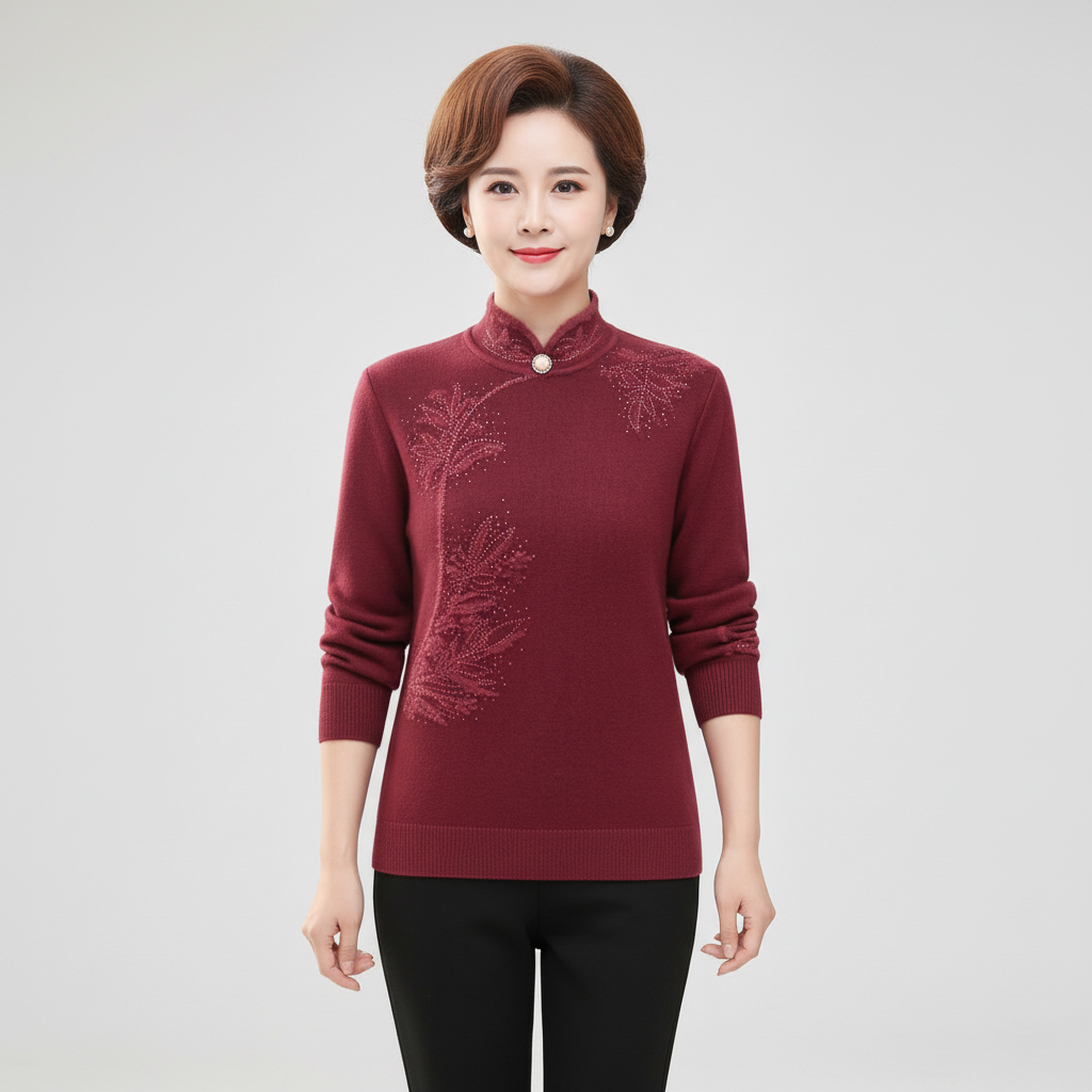 Sophisticated women's jumper, high collar, knitted floral pattern, made from warm wool blend.