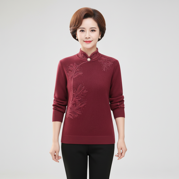 Sophisticated women's jumper, high collar, knitted floral pattern, made from warm wool blend.