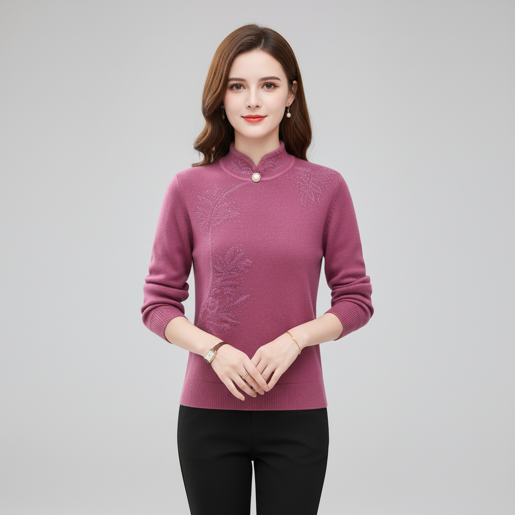 Detail of the high collar and knitted floral pattern on an elegant women's wool blend sweater.