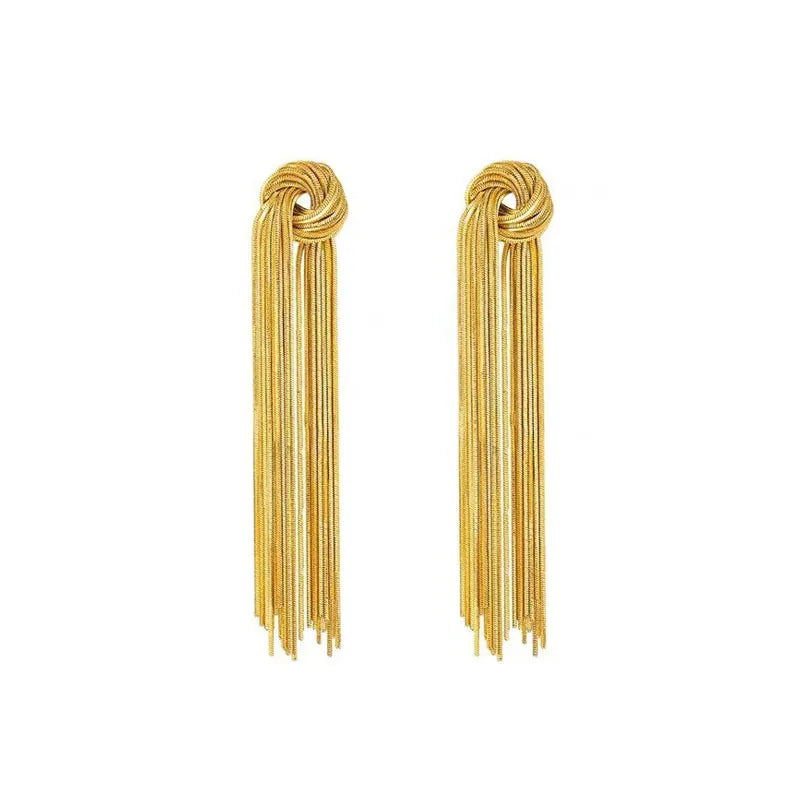 Flowing elegant silver-tone long tassel earrings with a stylish knot for sophisticated women.