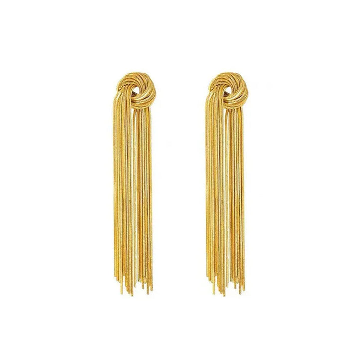Flowing elegant silver-tone long tassel earrings with a stylish knot for sophisticated women.