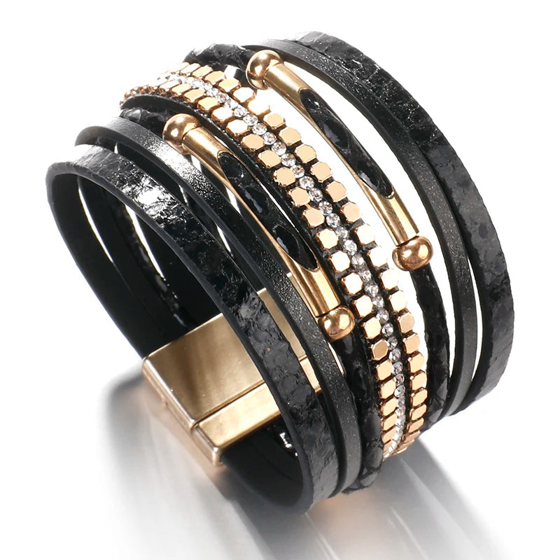 Elegant layered snake leather bracelet for women with secure magnetic clasp, a chic fashion accessory.