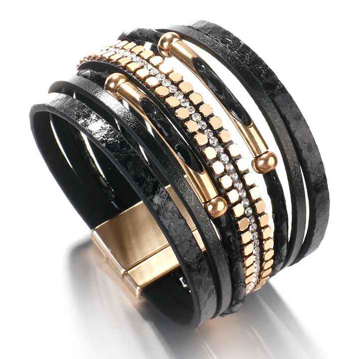 Elegant layered snake leather bracelet for women with secure magnetic clasp, a chic fashion accessory.